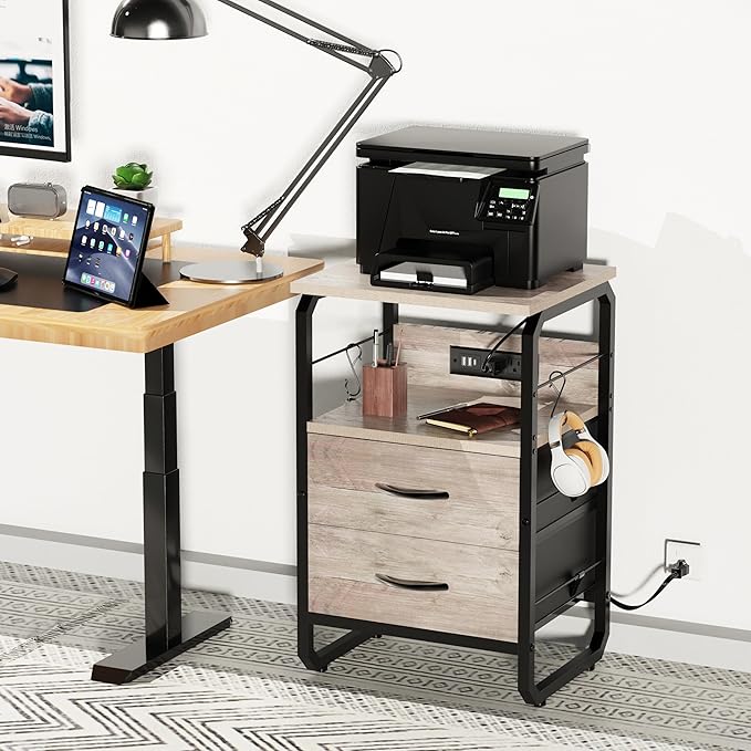 runjuly Small End Table with Charging Station and Hooks, Greige | 2 Fabric Drawers Storage, Type C & USB Ports & Power Outlets, Farmhouse Style, Metal Nightstand for Living Room / Bedroom