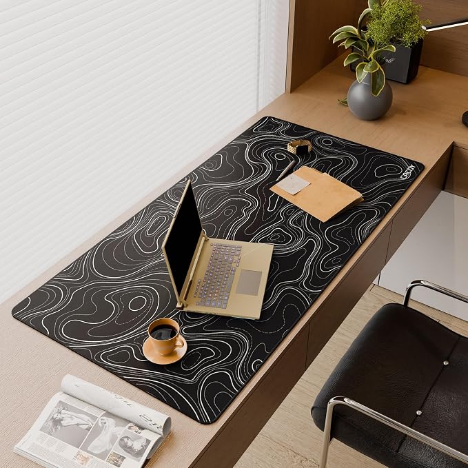Cacoy 48" x 24" Black Topographic Gaming Mouse Pad, Non-Slip Large Desk Mat | Contour Line Extended Desktop Mat with Stitched Edges Textured Surface Keyboard Mouse Mat Optimized for Gamer Computer Laptop