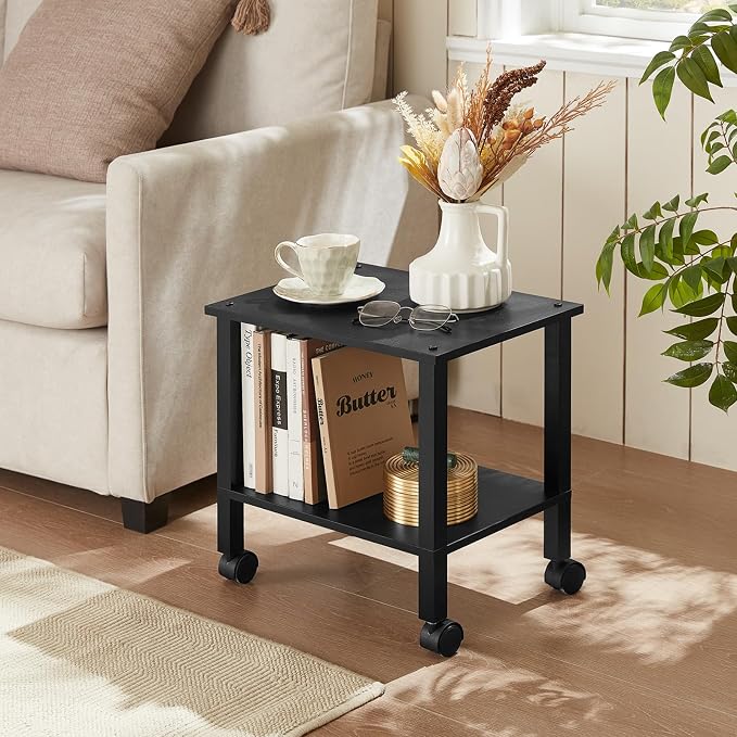 YUFAM 2 Tier Under Desk Printer Stand with Storage, Black | Wooden Small Printer Table for Home Office, Rolling Printer Cart Shelf with Lockable Wheels