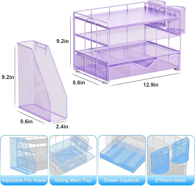 gianotter Wood Desk Organizers and Accessories with File Holder, 4-Tier Desk Accessories & Workspace Organizers with Drawer and 2 Pen Holder, Desk Reference Organizer (Purple, 4T with Metal Drawer)