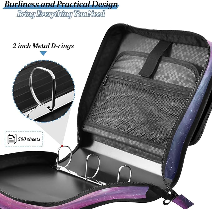 ALAZA Zipper Binder 3 Ring Colored Galaxy Universe Binder Organizer with Zipper and Shoulder Strap Large Capacity Multi-Pocket Trapper Keeper File Folder for Office Supplies