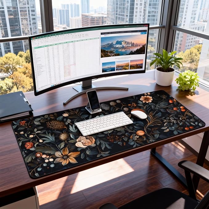 Floral Aesthetic Flower Bud Gaming Mouse Pad, Black Dark Botanical Desk Mat with Anti-Slip Base & Stitched Edges, Office & Home Desk Decor for Women, 35.4" x 15.7" in Computer Desktop Mat