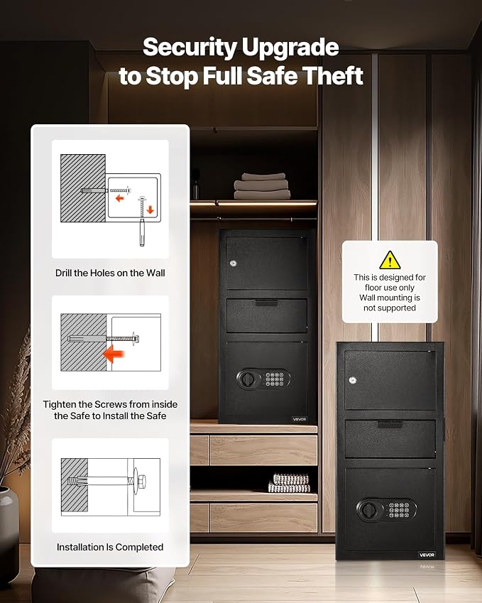 VEVOR 3.6 Cubic Feet Drop Safe, Large Capacity Front Drop Slot Safe Box with Digital Keypad, Heavy Duty 3 Tiers Cash Depository Box with Spare Keys for Cash, Bank Slip, Jewelry, Document, Bill, Black
