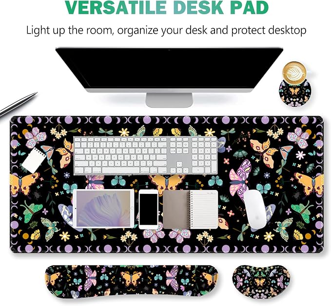 Desk Mat Set, Black Butterfly Extended Gaming Mouse Pad with Wrist Rest Support +Keyboard Wrist Rest +Coaster, Large Cute Mousepad, Easy Typing and Pain Relief