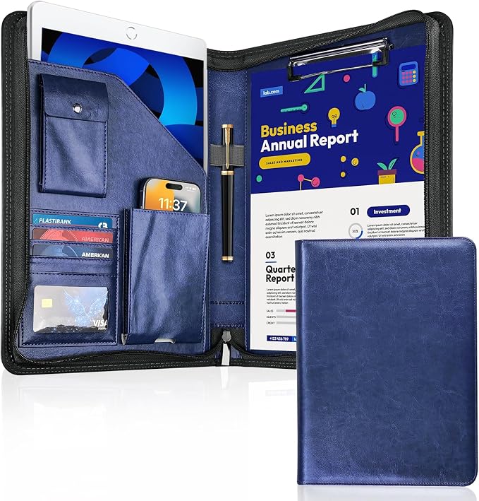 WRIYES Zippered Padfolio Organizer, Blue, 10.2 Inch Portfolio Folder | Leather Planner Binder, For Documents, Letter Size, Business Card Hold