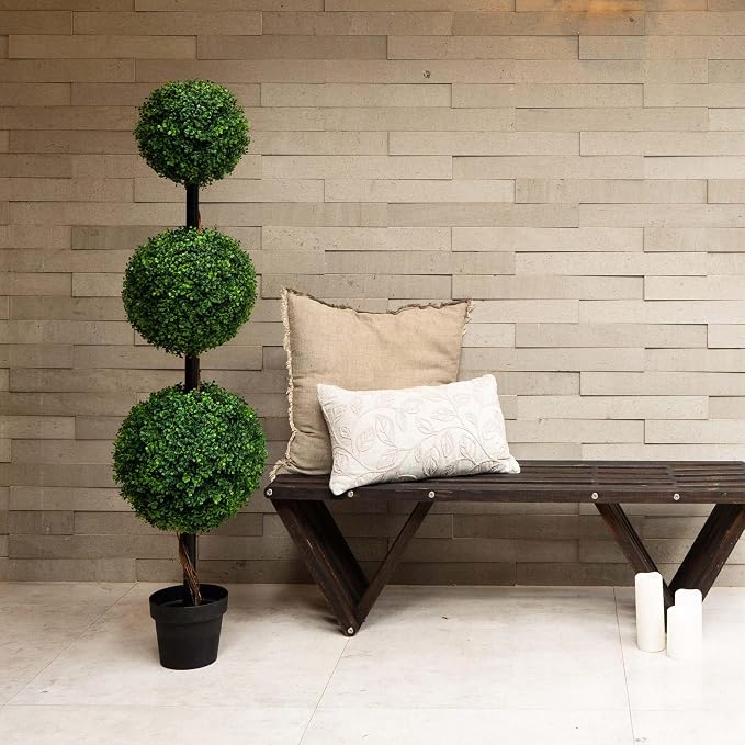 Nearly Natural 4 ft Artificial Triple Ball Boxwood Topiary Tree with Pot | 732 Lifelike Leaves, Quality Materials, Stabilized in a Nursery Planter, Suitable for Indoor or Outdoor Use