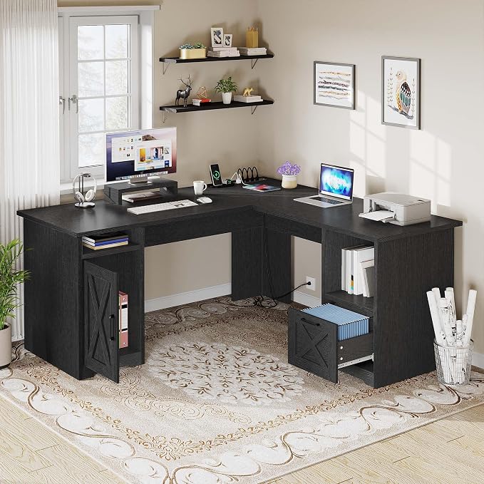 YITAHOME L Shaped Desk with Power Outlets | 60 Inch Computer Desk Corner Desk with File Drawer, Home Office Desk with Monitor Stand & Storage Shelves, L-Shaped Desk with