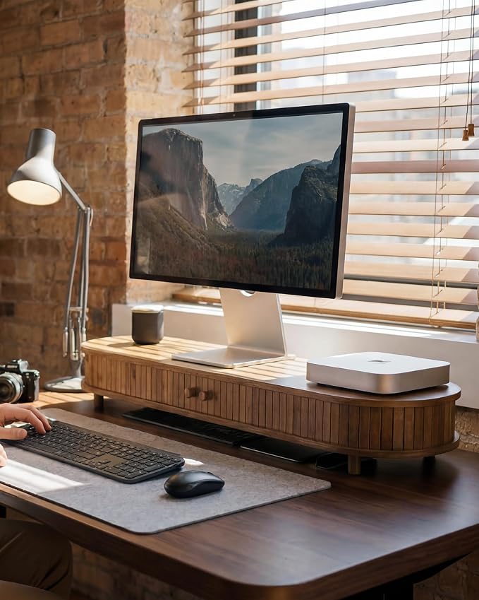 42 Inch Curved Dual Monitor Stand Riser with Storage Desk Shelf | Double Computer Stand with Sliding Doors for 55-72 Inch Cozy Workplace Computer Setup Desk Organizer Toasted Bamboo Color