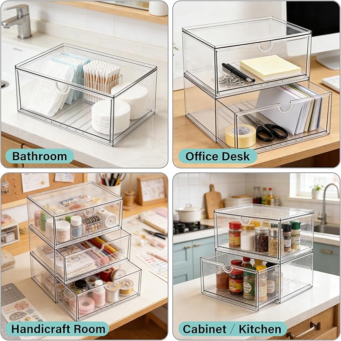 Prsildan Acrylic Makeup Organizer, 3 Pack Stackable Clear Storage Drawers for Baby Bottles Desk Organizers with 3 Drawers for Countertop Vanity Nursery Modular System for Cosmetics Jewelry