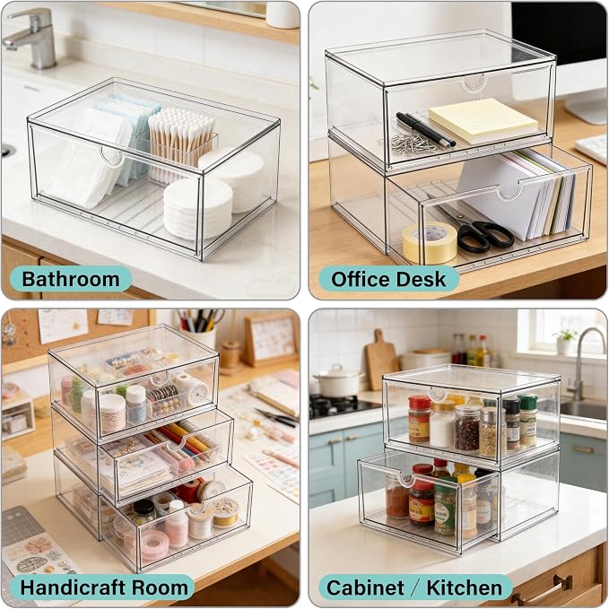 Prsildan Acrylic Makeup Organizer Stackable Clear Storage Drawers for Baby Bottles Desk Organizers for Countertop Vanity Nursery Adjustable Modular System for Cosmetics Jewelry