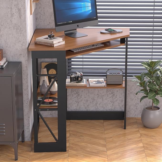 VECELO Corner Desk Computer Desk Writing Table with Smooth Keyboard Tray & Storage Shelves,Compact Home Office Triangle Table,Rustic Brown