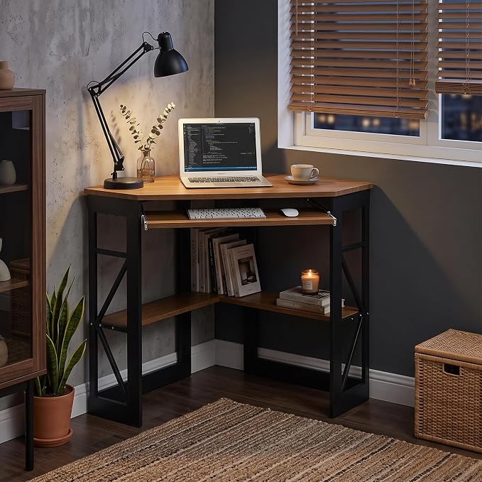 VECELO Corner Desk Computer Desk Writing Table with Smooth Keyboard Tray & Storage Shelves,Compact Home Office Triangle Table,Rustic Brown