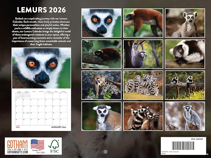 Lemur Calendar 2026 Monthly Wall Calender 12 Month | American Made In The USA