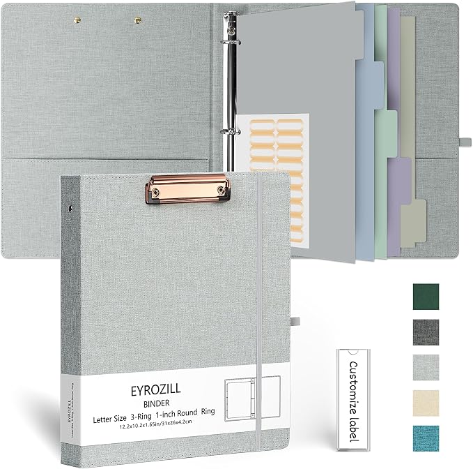 EYROZILL 3 Ring Binder, 1 Inch Linen Binder Organizer for Letter Size (8.5" x 11") with 5 Tab Dividers, File Folder Labels and Low Profile Clipboards, School and Office Supplies-Light Grey
