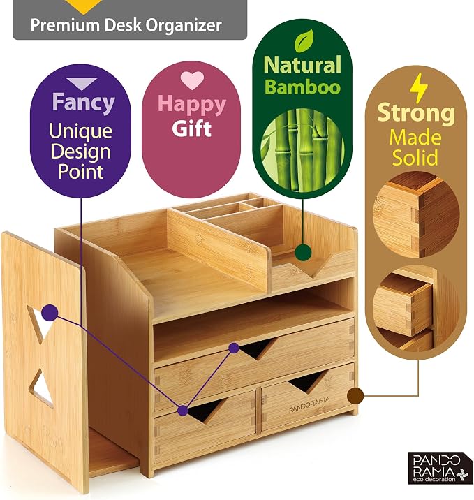 Pandorama Bamboo Desk Organizer Large - A4 Drawers & Adjustable File Holder, Fully Assembled Wood Desktop Storage for Kitchen, Bedroom, Bathroom, Study Room