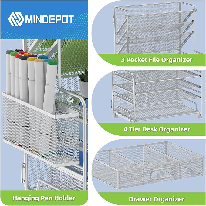 MINDEPOT 4-Tier Paper Organizer + 3-Pocket File Holder + Drawer + Pen Holders, Desktop File Organizers Paper Tray for Office Supplies School Classroom Organization (Silver, with Drawer & Pen Holder)