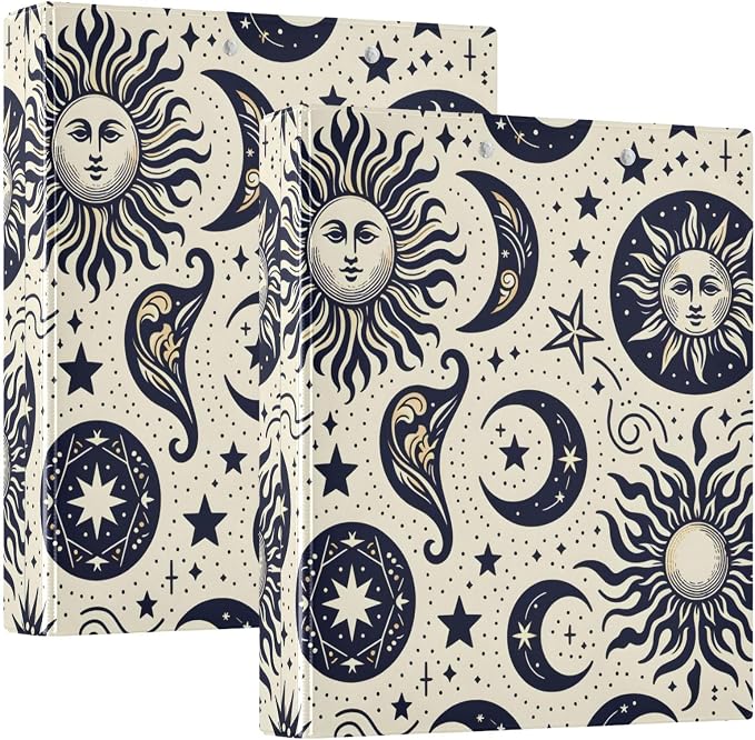 3 Ring Binder Sun Moon Crescent Boho Stars 1.5" Round Ring Binders View Binder with 200 Sheet for Women Men Office Kids School Supplies, 1 Pack