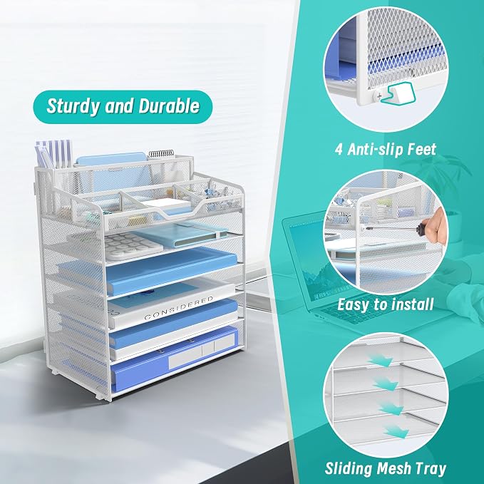 6 Tier Mesh Paper Desk Organizer with Pen Holders, White | Features 3 pen holders, and 5 adjustable compartments for office school home desk storage