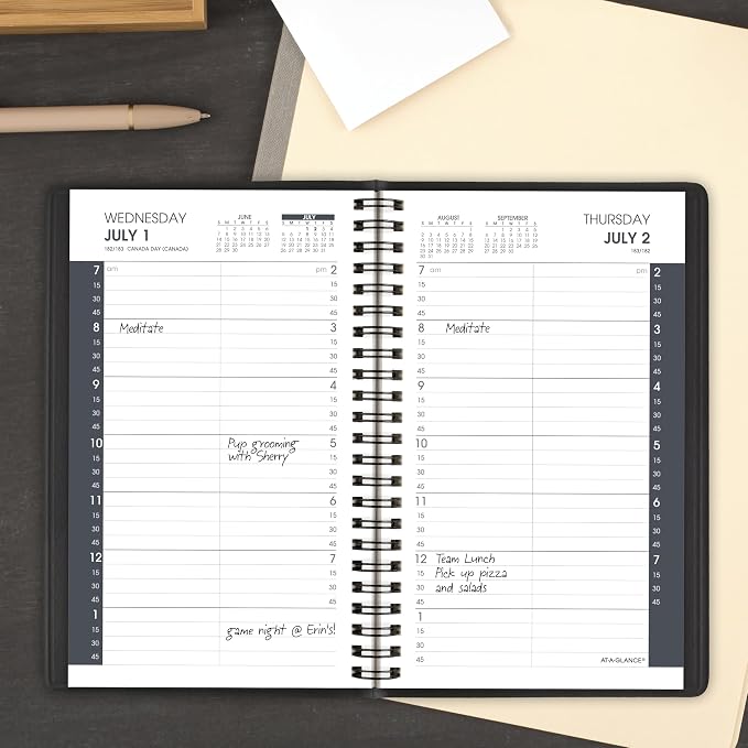 AT-A-GLANCE Planner 2026-2027 Daily Academic 12-Month July-June, Quarter-Hourly Appointment Book, 5" x 8", Black (7080705)