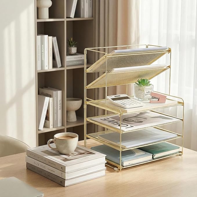 Desk Organizer, 6-Tier Paper Organizer Letter Tray, Gold | Desk Organizers and Accessories, Office Desk Accessories & Workspace Organizers, Desktop File Organizer for Office Supplies