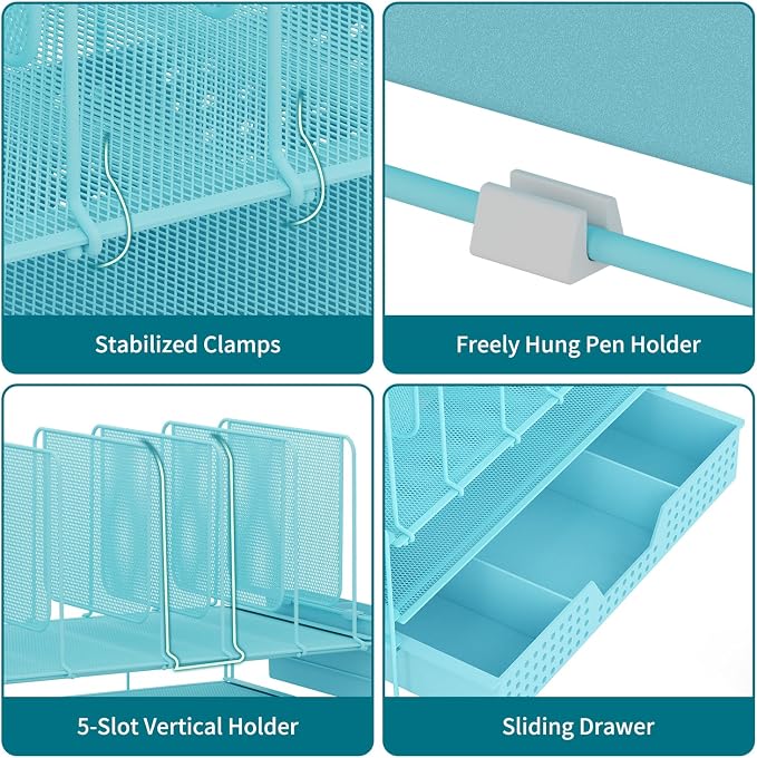 LEKETREE Teal Desk Organizer, Office Organization with Vertical File Holder, File Organizer with Drawer and Pen Holder, Desk Accessories and Workspace Organizers for Home Office (Sky Blue)