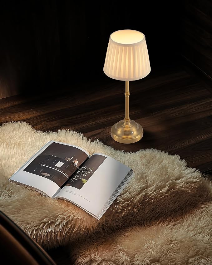 KDG Gold Cordless LED Table Lamps Set of 2, Beige Fabric Shade Desk Lamps | Portable 4000mAh Rechargeable Battery Powered, Dimmable Lighting for Dining Room, Bedroom, Bedside, Night Light, Balcony