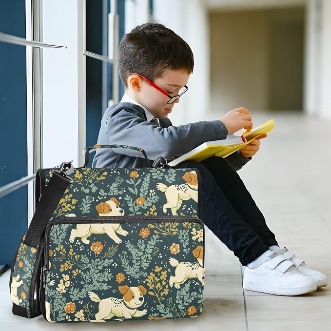 3 Ring Zipper Binder with Shoulder Strap Jack Russell Meadow Pattern 1.5 inch Binders Keeper Large Capacity Multi Pockets for School Office Supplies