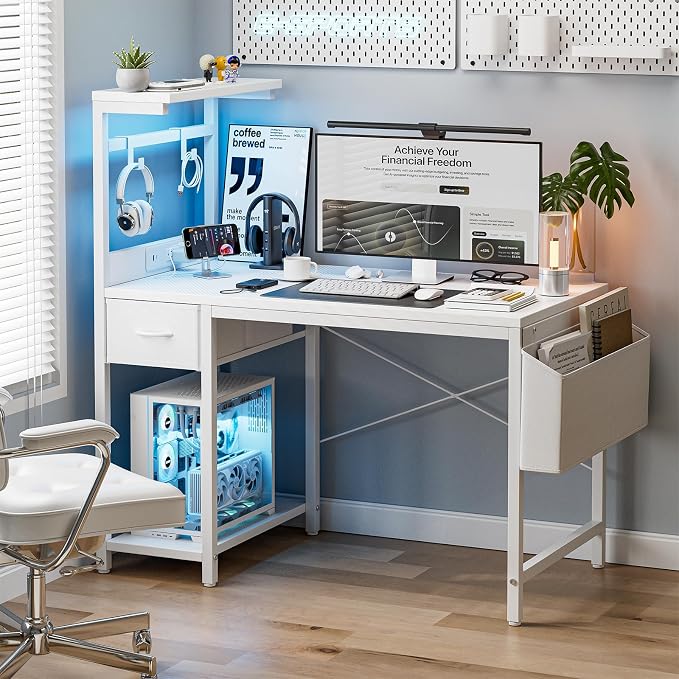 Grandder Gaming Desk 47 Inch with Power Outlet and LED Light, Computer Desk with Reversible Shelves and Storage Drawer, Pc Small Desk for Home Office Table with Bag, Carbon Fiber White