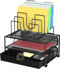 Deco Brothers Desktop File Organizer with Double Tray and 5 Folder Stand | Sliding Drawer with Adjustable Dividers, Black