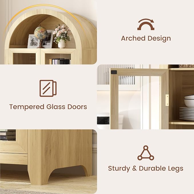 Vlsrka 71" Arched Kitchen Pantry Storage Cabinet with Glass Doors | 5-Tier Display Cabinet for Collectibles, Tall Bookcase with LED Light & Motion Sensor, Curio Cabinet with Adjustable Shelf