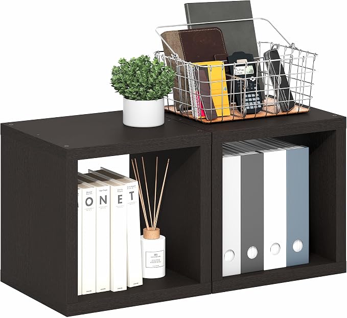 Furinno Cubicle Set of 2 Book Shelf, Stackable Bookshelf, Dark Oak | Cube Storage Organizer, Bookcase with Open Back, Extra Thick, 15.8 x 15.8 x 14.6, for Living Room, Bedroom, Home Office