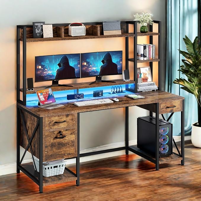 YITAHOME 59" Computer Desk with Hutch, Drawers, Power & LED, Rustic Brown | Hutch & Drawers, Built-in Power Outlets, Gaming Desk with LED Lights, Storage Shelves, for Home Office Gaming