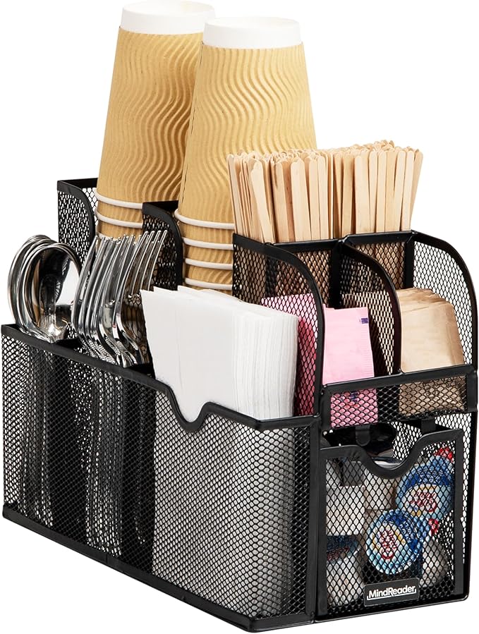 Mind Reader Countertop Organizer, Office Breakroom or Desktop Storage, 10-Compartment Caddy, Metal Mesh, Black