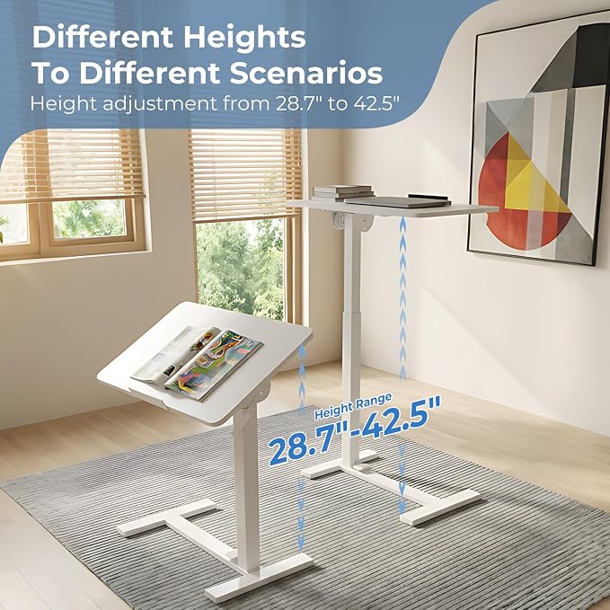 DUMOS Adjustable Rolling Desk, Standing Desks, Overbed Table | Mobile Hidden Wheels, Portable Laptop Computer Workstation, Bed Sofa Couch Use, Milk