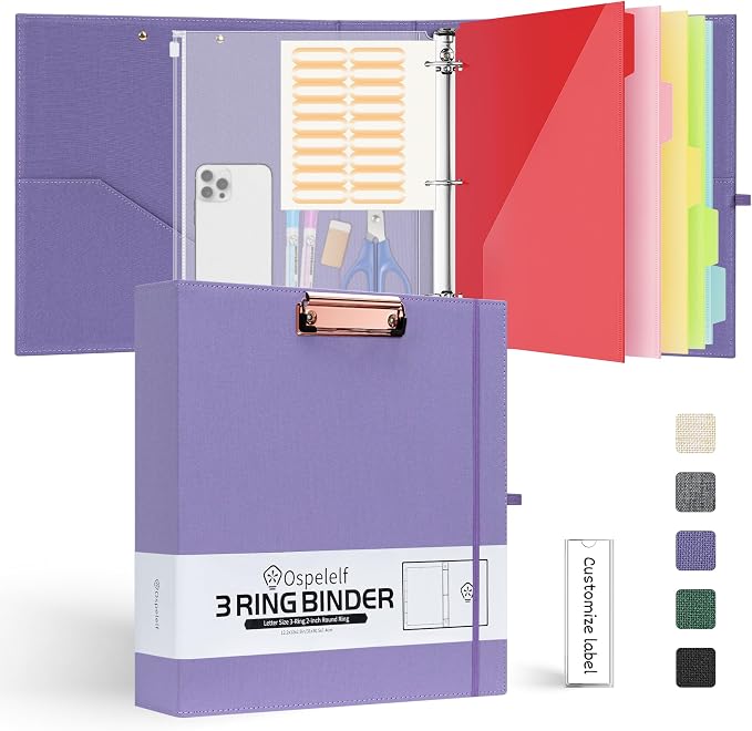 Ospelelf 2 Inch 3 Ring Binder Organizer with Zipper Pouch, Purple Linen Clipboards Portfolio (8.5" x 11"), 5 Plastic Folders with 10 Pockets, Hardcover School Binder