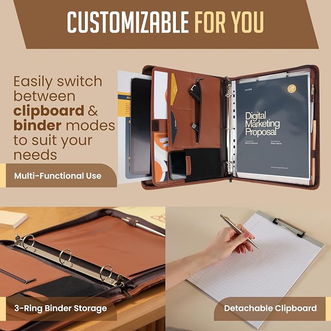 STYLIO Zipper Portfolio | Padfolio 3 Ring Binder (1") and Clipboard Folio (Removable) | Portfolio Organizer for Documents, Tablet, Phone |Faux Leather Binder for Men and Women | Tan (Brown) Color