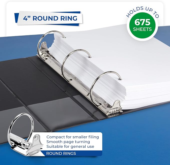Samsill 4 Inch 3 Ring Binders, Economy Round Ring, Clear View Cover, 675 Sheet Capacity - for School, Home, Office - Black, 4 Pack