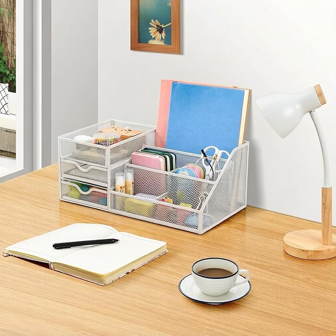 Lavatino Mesh Desk Organizer with 6 Compartments & 2 Drawers, Larger Multi-functional Desktop and Workspace Accessories Organizer for Office, Classroom, Dorm Supplies (White)