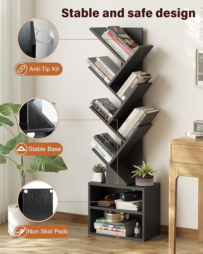 SUNMORY 6 Tier Tree Bookshelf, Tall Small Bookcase with Storage Cabinet | Modern Narrow Bookshelves Organizer, Floor Standing Book Case Shelf for Bedroom Living Room Home Office Corner, Black
