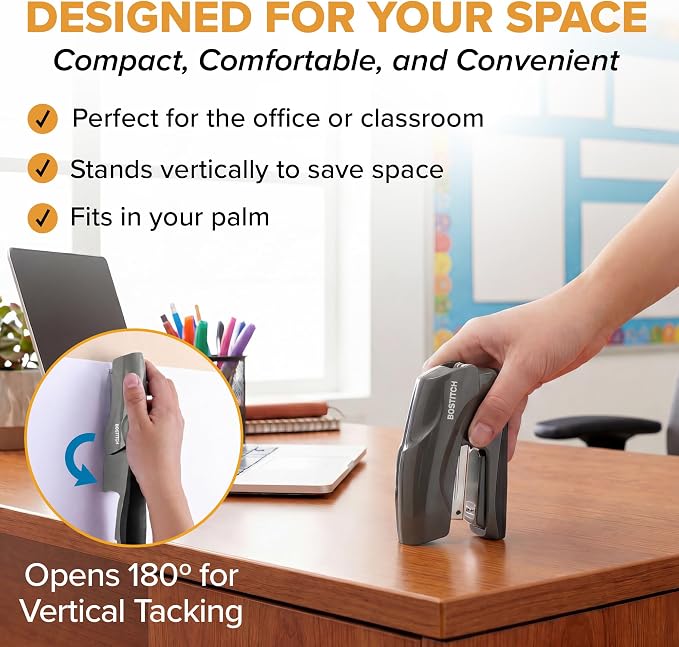 Bostitch Heavy Duty Compact Stapler, 40-Sheet Capacity, No-Jam Technology, Flat Clinch Design, Half-Strip Desktop Stapler, Gray