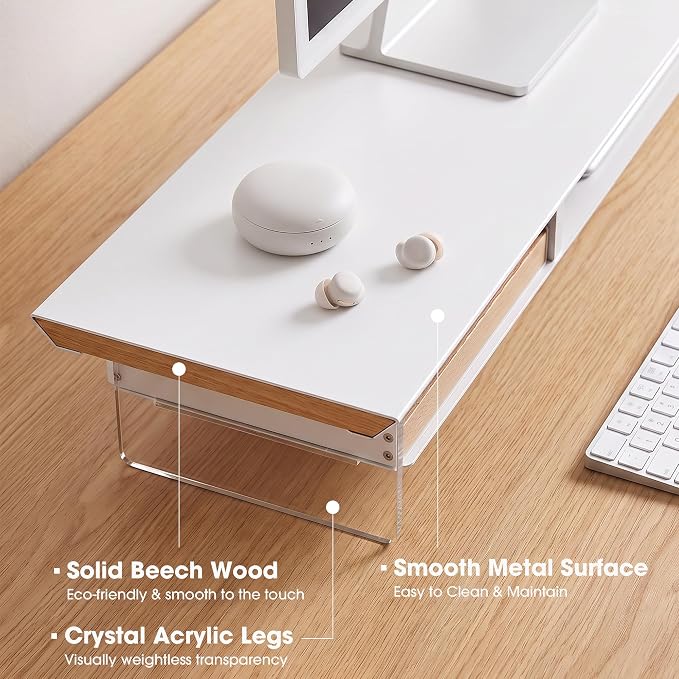 Fenge 42.5-Inch Monitor Stand with 2 Flexible Drawers, White | Metal Shelf, Solid Wood Accents, Clear Acrylic Legs, Modern Desktop Organizer for Dual Monitors, Laptop & Printer