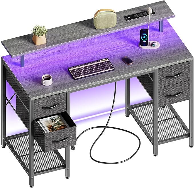 Huuger 47 inch Computer Desk with Power Outlets & 4 Drawers | Gaming Desk with LED Lights, Home Office Desk with Large Storage Space for Bedroom, Work from Home, Grey