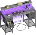 Huuger 47 inch Computer Desk with Power Outlets & 4 Drawers | Gaming Desk with LED Lights, Home Office Desk with Large Storage Space for Bedroom, Work from Home, Grey