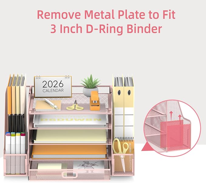 Mesh Desk Organizer with File Holder, 5-Tier Paper Letter Tray Organizer with Magazine Holder, Desktop Organizer and Storage with Drawer for Office Supplies Home or School (Pink) | Two side magazine holders and a bottom drawer store papers, folders, no...