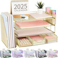 gianotter Desk Organizers and Accessories with File Holder, 4-Tier Desk Accessories & Workspace Organizers with Drawer and 2 Pen Holder, Paper Organizer for Office Supplies(Gold)