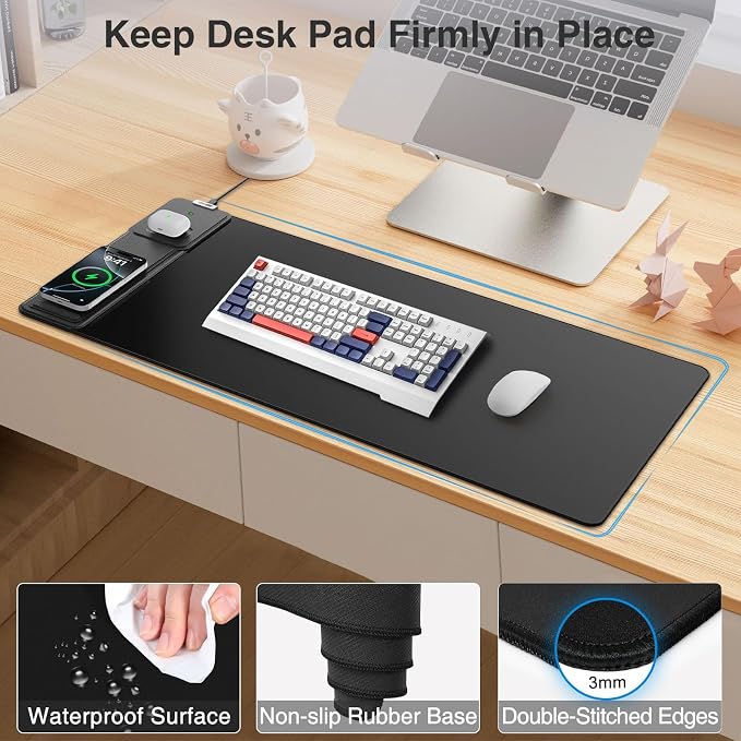 Wireless Charging Mouse Pad with Foldable Phone Holder, 31.5"x15.8", Black | Extended Desk Mat for Laptop/Keyboard, Waterproof Ultra-Smooth Surface, Non-Slip Base & 20W PD Adapter