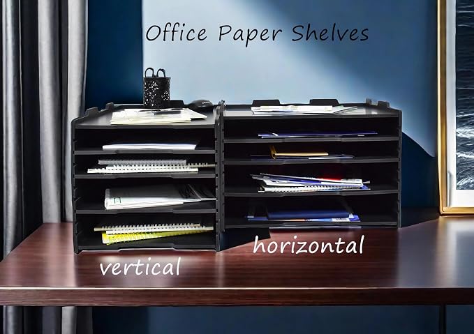 4 Tier Adjustable Shelves Office Desk Organizer,Wooden Desk File Organizer, Letter Tray, Document Letter Mail Tray Sorter, White/Black (Black-4tray(with 3 Adjustable Shelves))