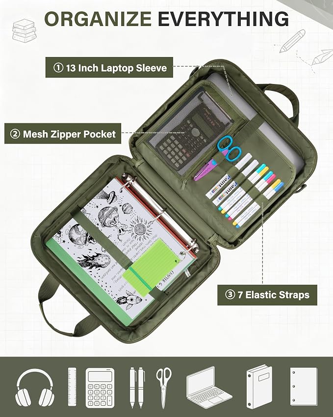 Fasrom Tactical 3 Ring Zipper Binder, 2 Inch Binder Organzier Bag for Men | 2-Inch O-Ring, Holds 500 Sheets, Fits 13-Inch Laptop, 3 Exterior Pockets, Shoulder Strap for Work & Office, Olive Green