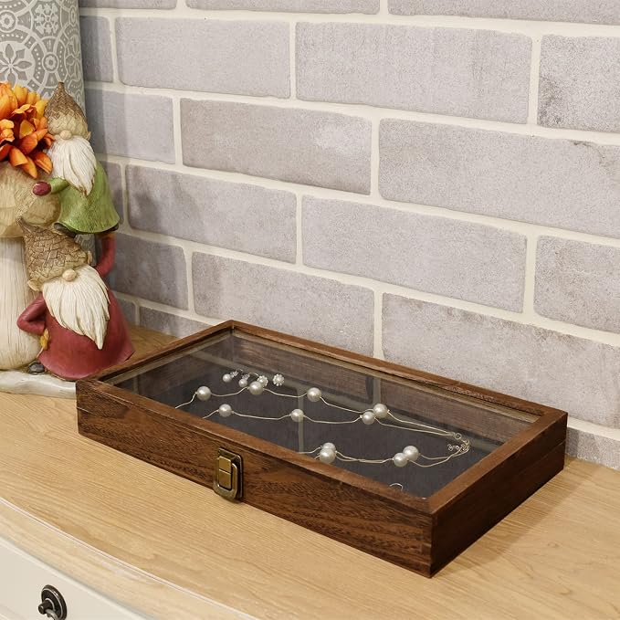 MOOCA Wood Jewelry Display Case with Tempered Glass Top, Black Velvet Pad | Wood display case with a glass top and removable black velvet pad accommodates taller jewelry and collectibles.