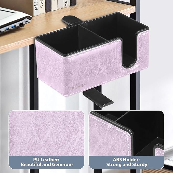 Under Desk Cup Holder Clamp on Cup Holder PU Leather Clip on Desk Organizer | Desk organizer with pencil holder clamp on side, under desk hanging organizer, clip on cup holder desk phone stand holder PU